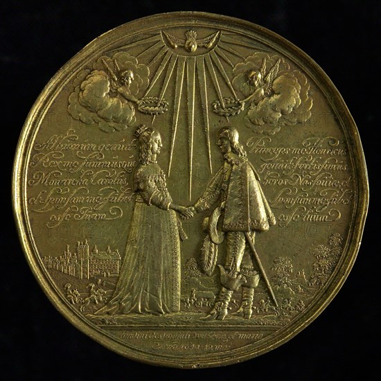J. Blum, Medal on the wedding of Prince William II and Mary of England, wedding medal medallion medal brass, the bridal couple