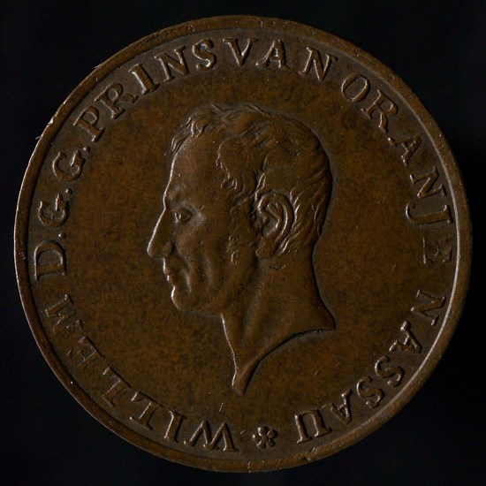 's Rijks Munt, Medal on the inauguration of William I, Prince of Orange, as sovereign prince, sprinkling penny imagery bronze