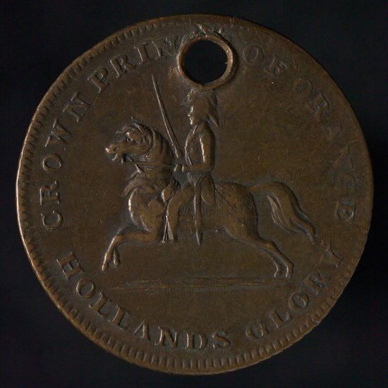 Medal at the battle of Waterloo and Crown Prince Willem, the later King William II, penning footage bronze, Penning