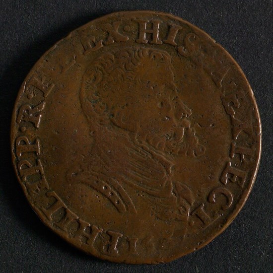 Medal on the appeal to the gentleness of Philips II, jeton utility medal medal exchange copper, portrait Omschrift, omschrift