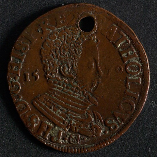 Medal on Philips II and Isabella van Valois, jeton utility medal medal exchange copper, portrait of Philips Omschrift. Currency