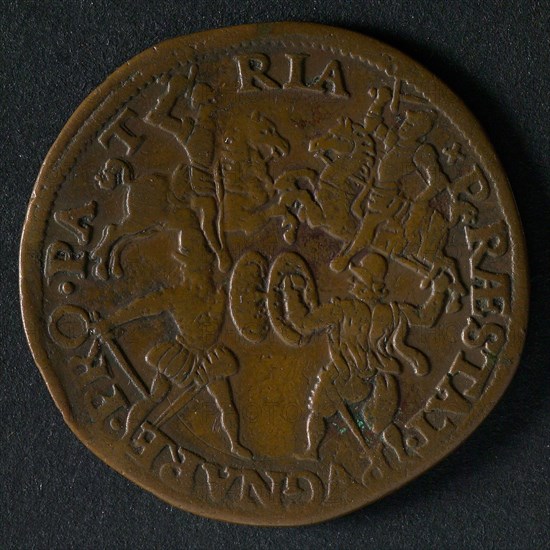 Medal on the peace negotiations in Cologne, 1579, jeton utility medal medal exchange copper, two horsemen and two foot soldiers