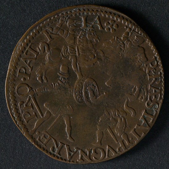 Medal on the peace negotiations in Cologne, 1579, jeton utility medal medal exchange copper, two horsemen and two foot soldiers