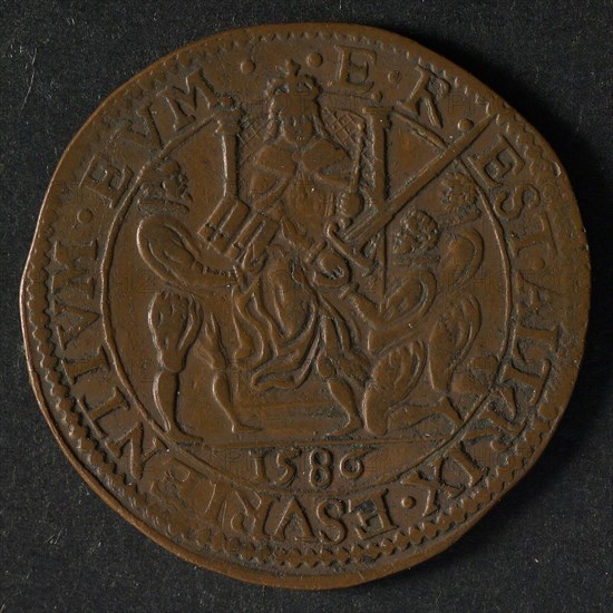 Medal on the help of Leycester, jeton utility medal penny exchange copper, epee above which in Hebrew Jehovah stands radiated