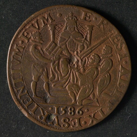 Medal on the help of Leycester, jeton utility medal penny exchange copper, epee above which in Hebrew Jehovah stands radiated