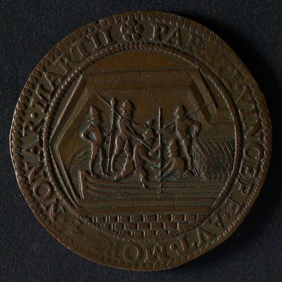 Medal on the intake of Breda, jeton utility medal medal exchange buyer, five people come from peat ship lying in moat omschrift