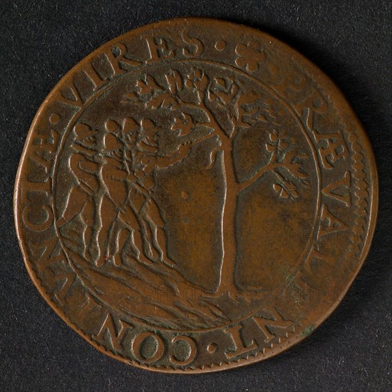 Medal on the conquest of Groningen, jeton utility medal penny exchange copper, five men pull tree over omschrift: .PRAEVALENT