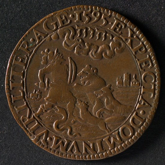 Medal on the murder of Doulens by the Spaniards, jeton utility medal medal exchange copper, warrior attacked by bear wolf fox