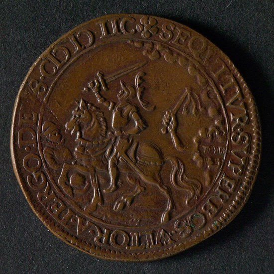 Medal on the war events in 1598, jeton utility medal penny exchange copper, reinforced army camp on river protected by angel