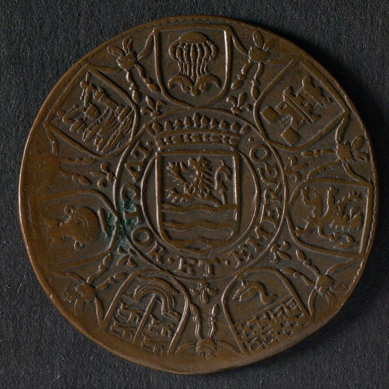 Medal on the conquest of Sluis by Prince Maurits, jeton utility medal medal exchange copper, laurel wreath inside which text