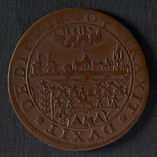 Medal on the conquest of Sluis by Prince Maurits, jeton utility medal medal exchange buyer, view of besieged city in the clouds