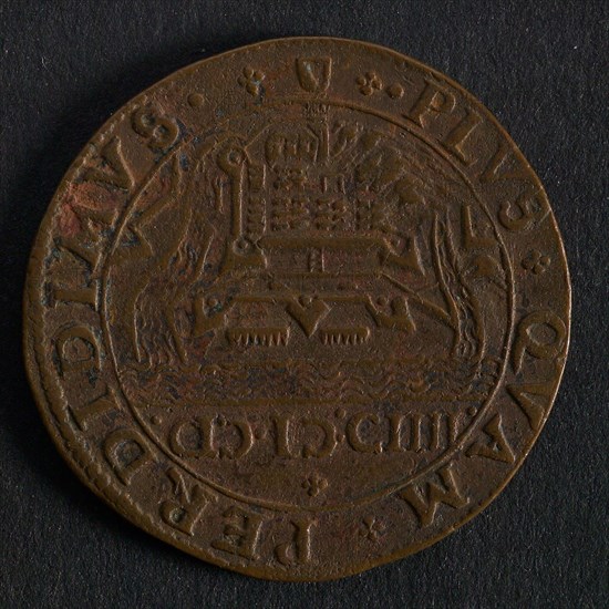 Medal on the surrender of Ostend, jeton utility medal medal exchange buyer, view of city Sluis in cut-off weapon region Utrecht