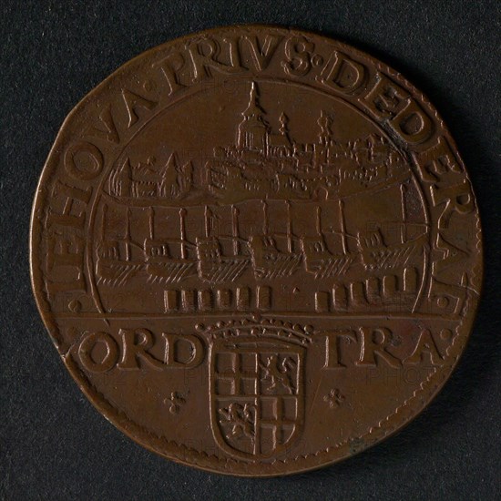 Medal on the surrender of Ostend, jeton utility medal medal exchange buyer, view of city Sluis in cut-off weapon region Utrecht