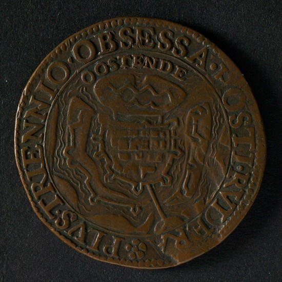Medal on the surrender of Ostend, jeton utility medal medal exchange buyer, map of Oostende omschrift: PLVS. TRIENNIO. OBSESSA