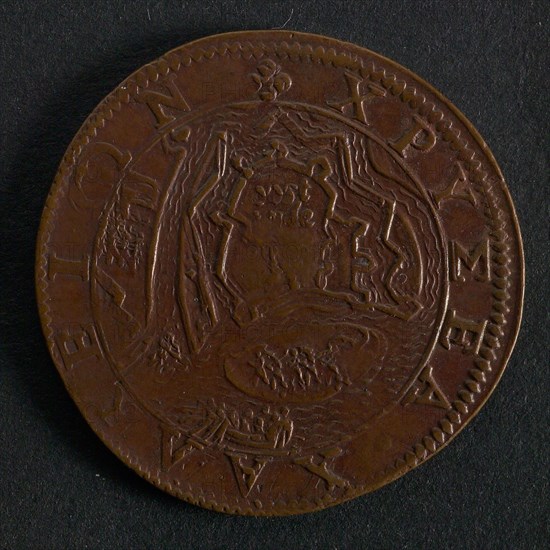Medal on the surrender of Ostend, jeton utility medal medal exchange buyer, view of Sluis and surroundings, SLVIS (Sluis) legend