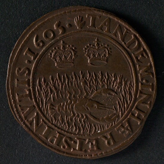 Medal on the surrender of Ostend, jeton utility medal penny exchange copper, lobster in thornbush above two crowns omschrift