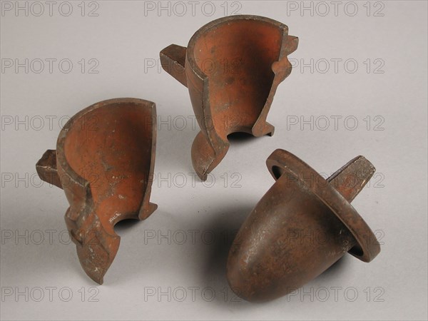 Three parts of four-piece bronze mold for salt vessel or small jug, mold casting tool tools equipment base metal bronze, cast