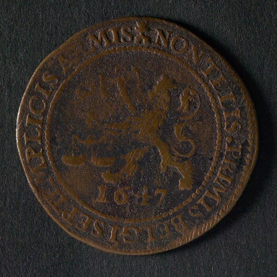 Medal on the peace negotiations with the Spaniards, jeton utility medal medal exchange copper, Dutch lion with arrows and scale