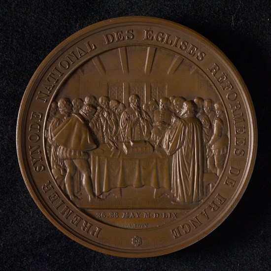 A. Bovy, Medal on the third centenary of the French Reformed Church, medallion bronze bronze 6.8, large group of clergy gathered