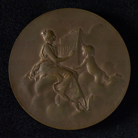 Daniel Dupuis (1849 - 1899), Medal of the Monnaie in Paris, penning footage bronze, winged genius torch in the right hand