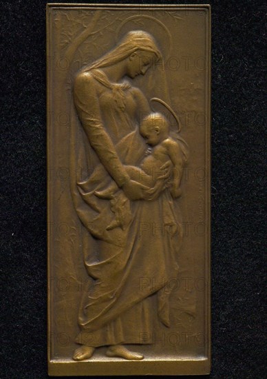 Daniel Dupuis (1849 - 1899), Plaque on the Madonna with child, plaque bronze, Madonna with child standing in the arms