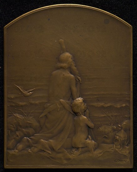 Georges Dupré (1869 - 1909), Plaque, rectangular with round top, Salut au Soleil, plaque bronze, old man and little boy kneeling