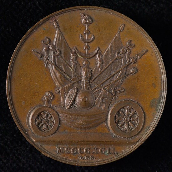 J.P. Schouberg, Medal of the Masquerade in Leiden in 1835, medallion bronze bronze, triumphant with conquered Moorish banners