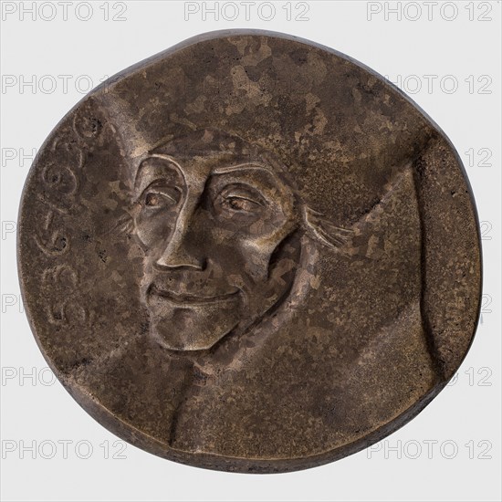 Leendert Bolle, One-sided plaque medallion on the 400th anniversary of the death of Erasmus, penning footage bronze, cast, left