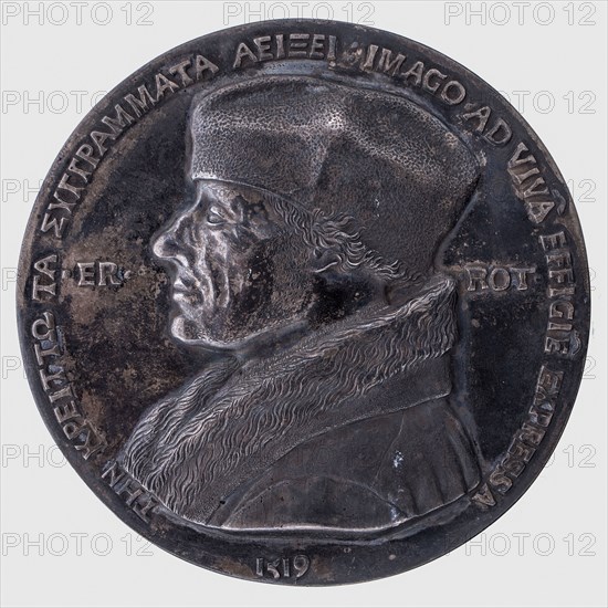 One-sided plaque medal at Erasmus, penning footage silver, cast, left aligned bust Erasmus, .ER. -ROT. left omschrift Greek text