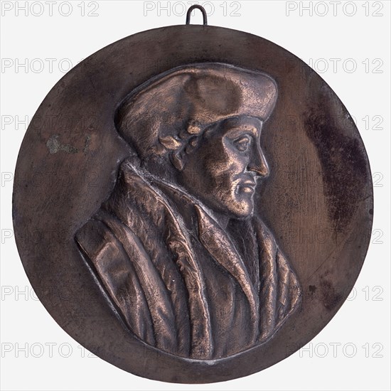 One-sided plaque medal at Erasmus, penning footage bronze, minted, right-facing bust Erasmus with beret no Erasmus Rotterdam