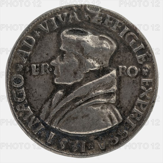 after:: Quinten Massijs, Terminus medal at Erasmus, penning footage silver, hand-painted, left accustomed bust of Erasmus