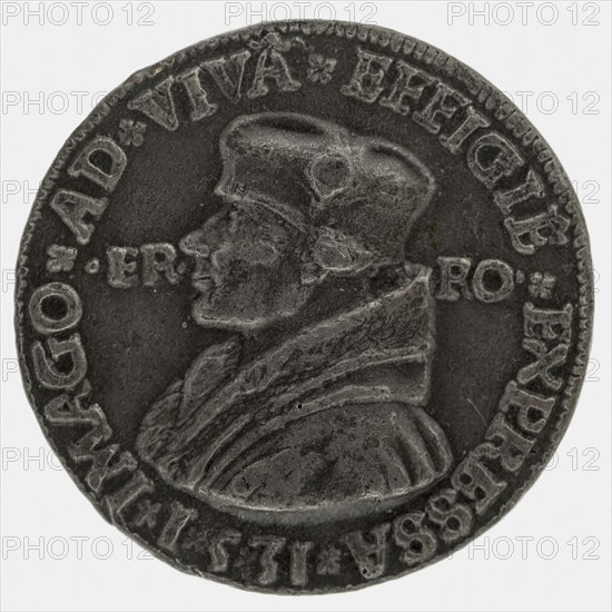 after:: Quinten Massijs, Terminus medal at Erasmus, medallion medals lead metal, hand-painted, left accustomed bust of Erasmus