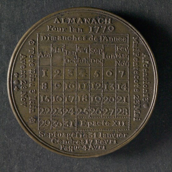Medal indicating the almanac for the year 1779, calendar medal penning footage copper, text underneath calendar