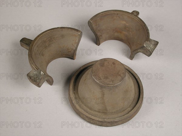 Three parts of four-piece bronze mold for neck of pot or jug, mold casting tool tools base metal bronze, cast cast Four-piece
