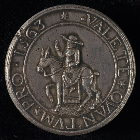 Spot medal on the departure of Cardinal Granvelle, spotpenning penning footage silver, cardinal left riding on donkey, omschrift