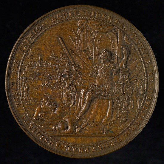 Medal on the arrival of Maria Stuart to the Netherlands, penning footage copper, Frederik Hendrik on throne with sword