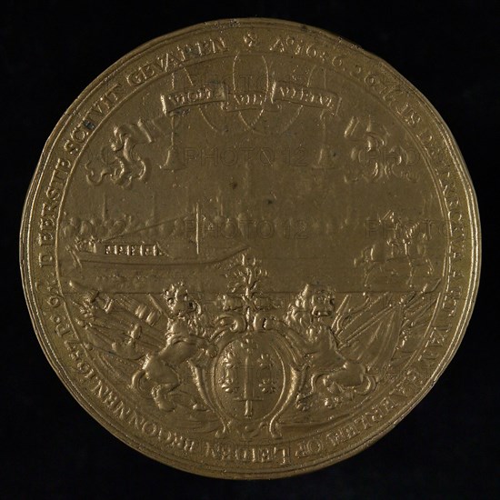 Medal at the opening of the Haarlem-Leiden Trekvaart in 1657, penny footage copper, draft barge with horse; in the background