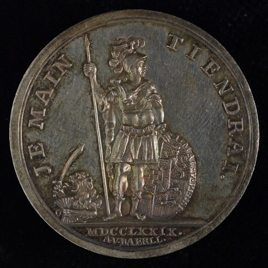 A.M.J. van Baerll, Medal on the second centenary of the Union of Utrecht, penning footage silver, William V as Mars with spear