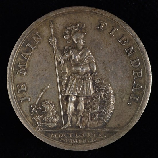 A.M.J. van Baerll, Medal on the second centenary of the Union of Utrecht, penning footage silver, William V as Mars with spear