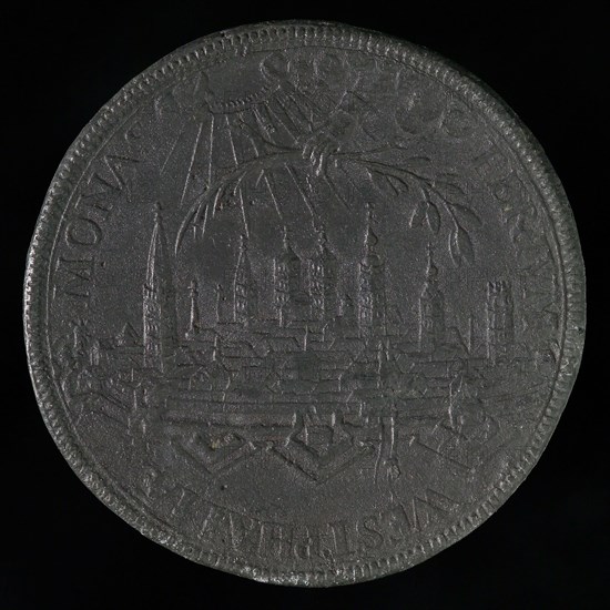 Engelbert Zettler, Medal on the Peace of Münster, medallion medals lead metal, view of Münster; above it holds cloud of olive