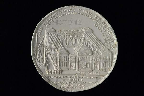production: M. Holtzhey, One-sided gypsum print of reverse side of commemorative medal on the completion of the Rotterdam Stock