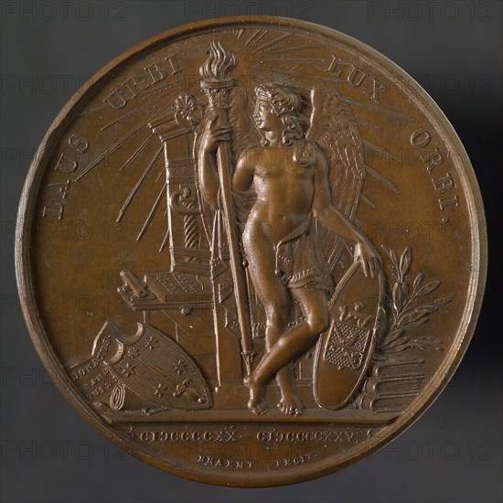 Braemt, Medal on the Fourth Centenary of the Invention of Printing, penning footage bronze, winged genius leans with raised
