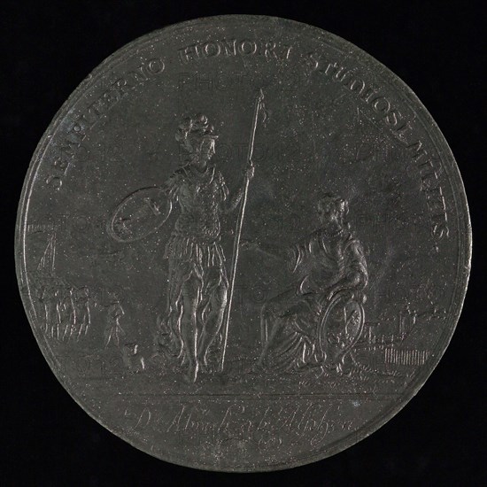 Medal for the courageous behavior of the students in 1672, medallion medals lead metal, symbolic female figure sitting on seat