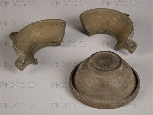 Three parts of four-piece bronze mold for top of jug, cast molding tool tools base metal bronze, cast turned Four-piece bronze