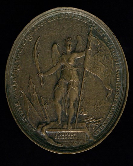 Oval penny on the defense of Soestdijk by detachment of the Hessen-Darmstadt regiment, medallion image copper, winged female