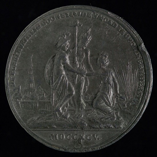Reward medal of the Revolutionary Committee in Groningen, medallion of metal lead metal, city virgin of Groningen kneeling