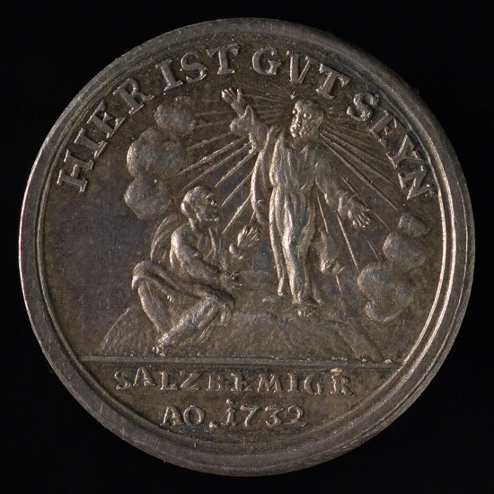 Medal on the exodus of the Salzburgers, penny footage silver, kneeling man groped wound in the side of Christ, omschrift WER