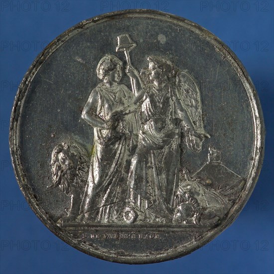 S. de Vries, Medal on the 50th anniversary of the Battle of Waterloo, medallion pewter tin silver, silverplated, the Victory