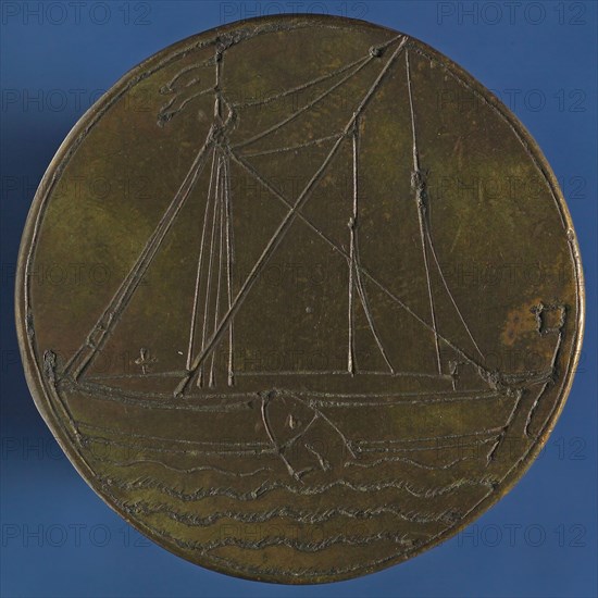 Medal der Kleinschippers in Rotterdam, no. 45, guild penny penny identification carrier brass, sailing ship sailing to the left