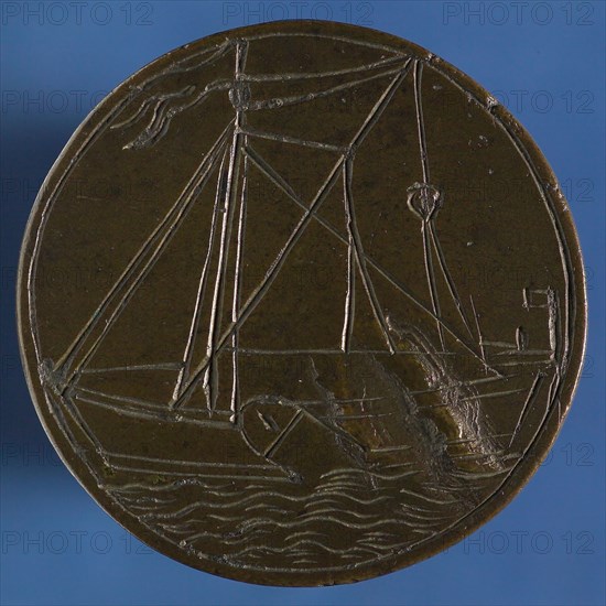 Medal der Kleinschippers in Rotterdam, no. 63, guild penny penning identification carrier brass, sailing vessel sailing